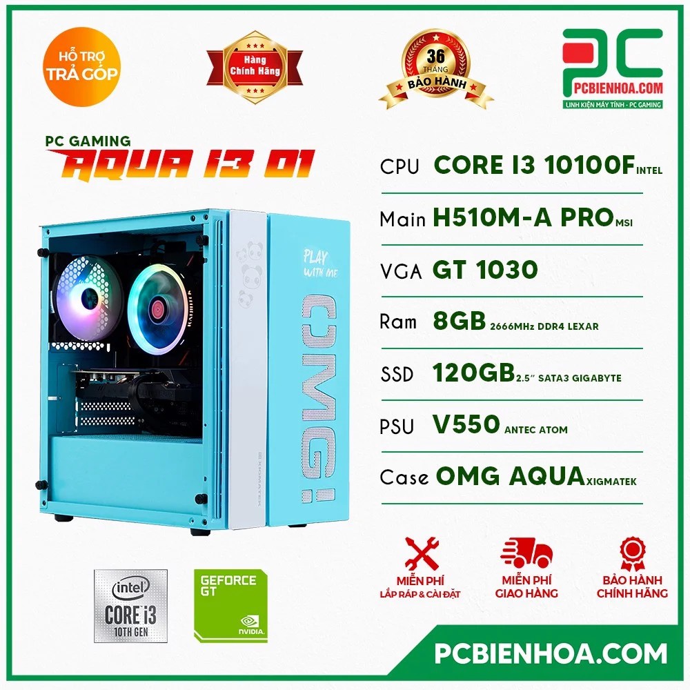 [Mã SKAMPUSHA8 giảm 8% đơn 300K] PC GAMING AQUA ( CORE I3 10100F / H510 / GT1030 / 8GB / 120GB )