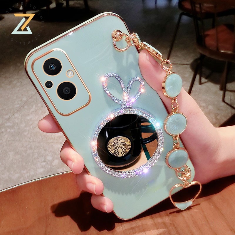 Zymello Ốp lưng OPPO Reno 7Z Reno 6Z Reno 7 Reno 5 Reno 4 Ốp Điện Thoại Silicon 6D Phối Dây Đeo Ngọc Bích Sang Trọng