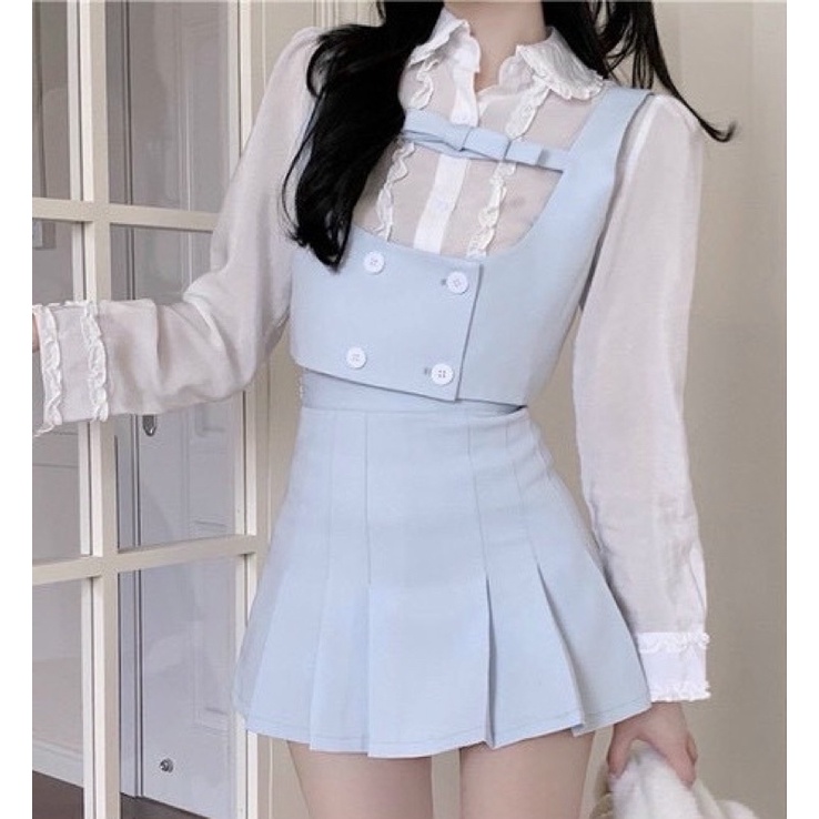 VIBES Set ghile 3 món chân váy xếp li màu xanh dương pastel