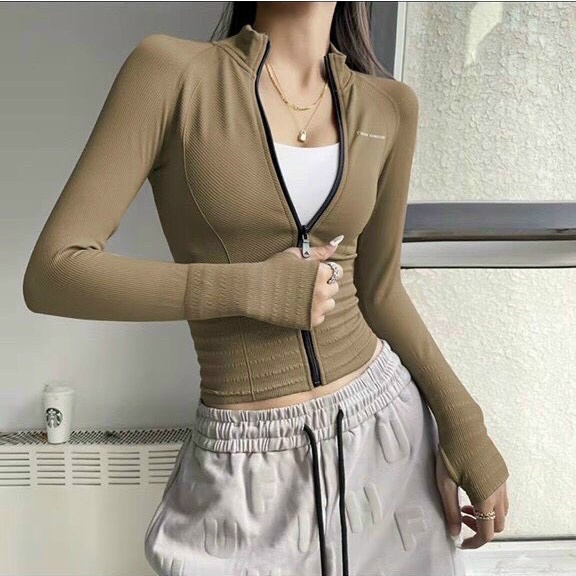 Áo khoác tập gym yoga nữ HOT dáng croptop thể thao, chất dệt co giãn trẻ trung năng động chống nắng, chống UV