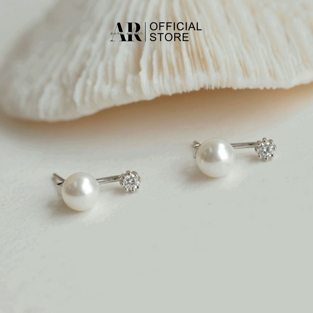 Khuyên tai bạc nữ Aura, bông tai ngọc trai nhân tạo dáng cong đính đá sang chảnh-AURASILVER-KT30