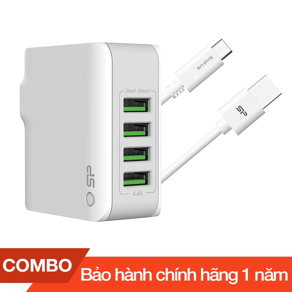 Combo Cốc sạc 4 cổng USB 4.4A max + Cáp sạc Type-C Silicon dài 1m