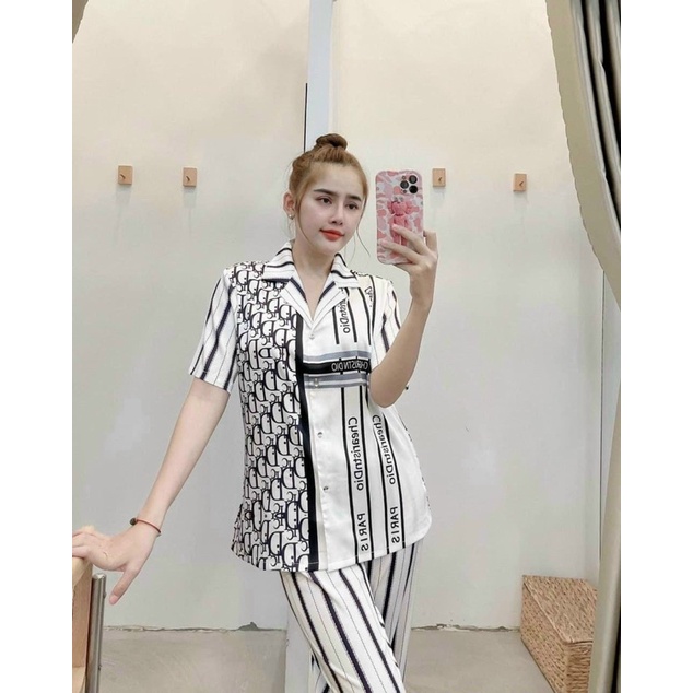 bộ pijama lụa satin cao cấp quảng châu tay ngắn quần sọc
