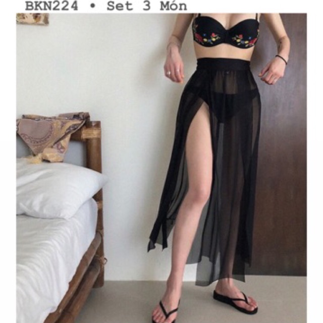 [BKN224] <HÀN> SET BIKINI 3 MÓN ĐEN THÊU HOA KÈM CHÂN VÁY DÀI KIỂU HÀN (CÓ GỌNG) | BigBuy360 - bigbuy360.vn