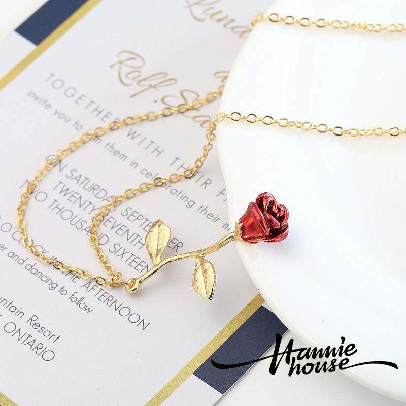 Dây chuyền có mặt hình hoa hồng đính đá màu đỏ lãng mạn cho nữ