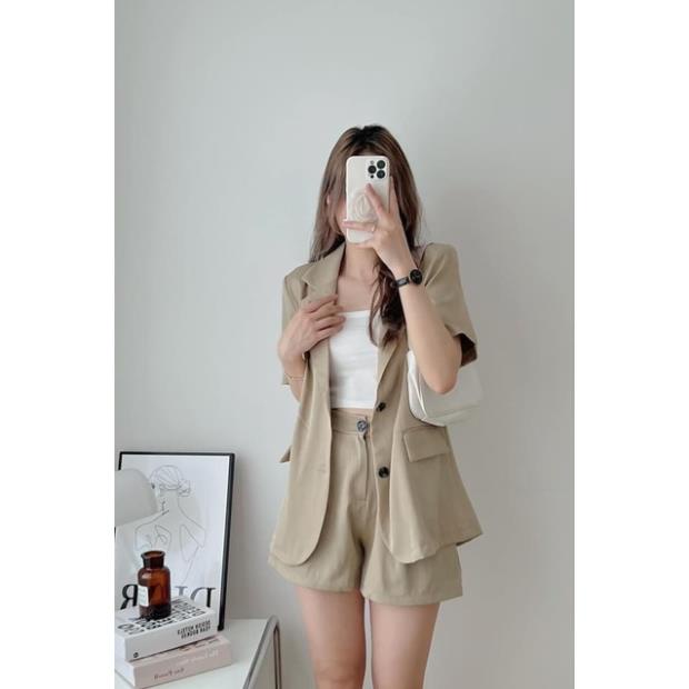 [ẢNH THẬT]Bộ blazer Trơn Xẻ Tay sang chảnh màu đen trơn-Set dáng suông rộng trượt vạt bầu dáng rộng- áo vét khoác vestt