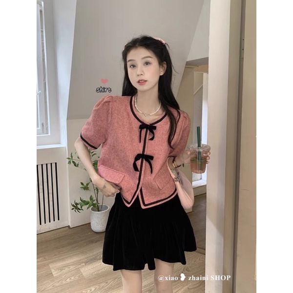Sẵn/order Áo khoác mỏng nhẹ viền đen nơ sang chảnh tiểu thư phong cách hàn-trung hiện đại xuân thu hè vải bố