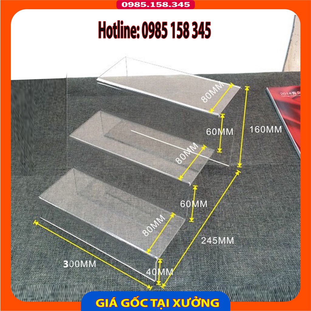 Kệ mica bậc thang 2,3 tầng trưng bày mô hình, sản phẩm, quà tặng, giày dép, trang sức, mỹ phẩm