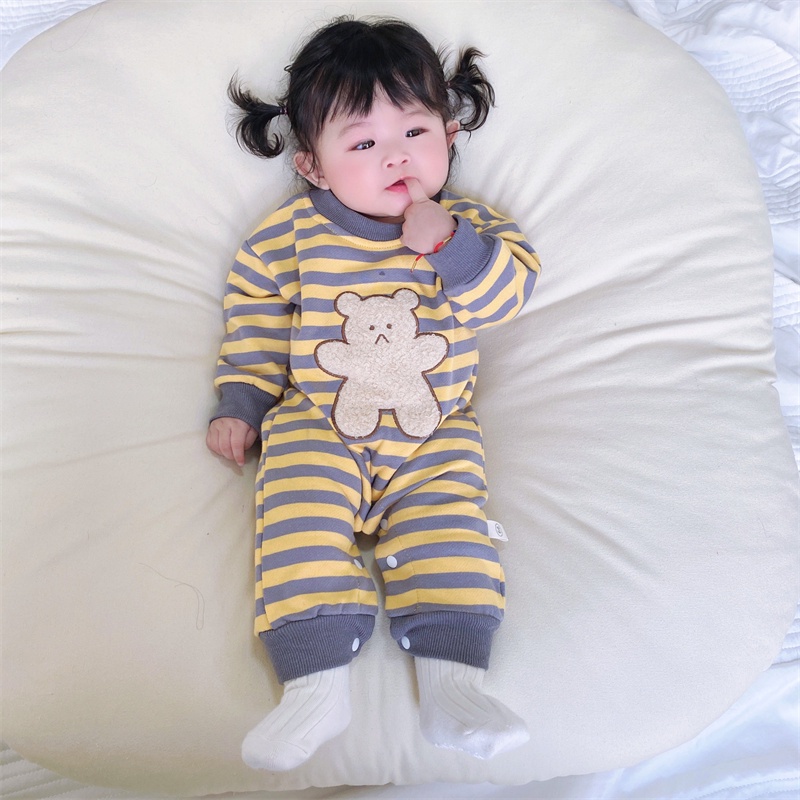 Bộ Áo Liền Quần Tay Dài Kẻ Sọc In Hình Gấu Hoạt Hình Dễ Thương Cho Trẻ Sơ Sinh