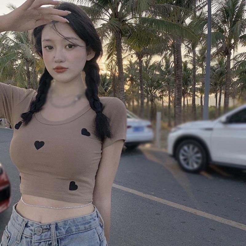 Áo Croptop Ngắn Tay In Hình Trái Tim Xinh Xắn Kiểu Hàn Quốc Cho Nữ