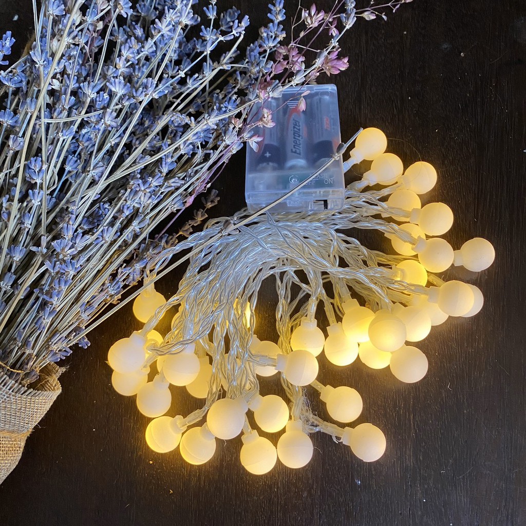 (Xài Pin AA) 1 Dây Đèn Led Trang Trí Dùng Pin 6 Mét 40 Bóng Tròn Cherry Ball, Màu Vàng Nắng Decor Lều Trại, Phòng Ngủ