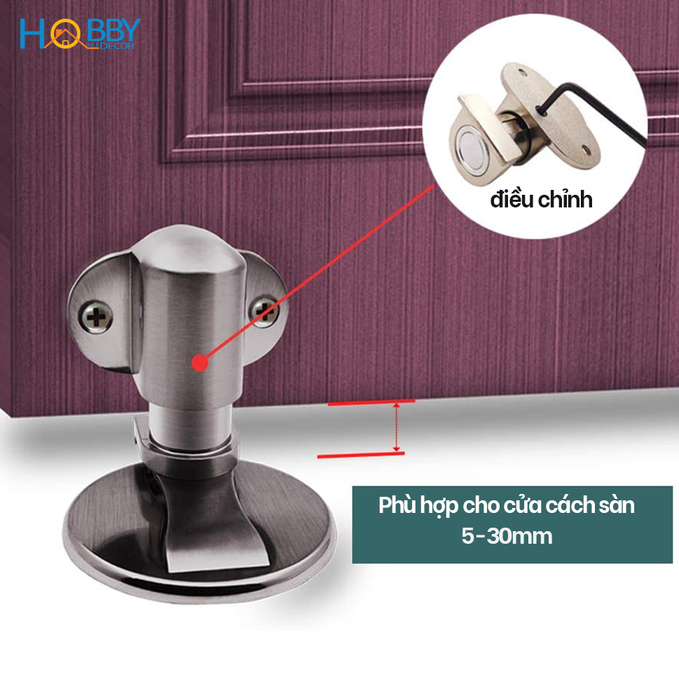 Chặn cửa dán sàn Inox 304 HOBBY Home Decor CC6 nam châm cực mạnh - loại điều chỉnh độ cao 5-30mm cao cấp có kèm keo dán