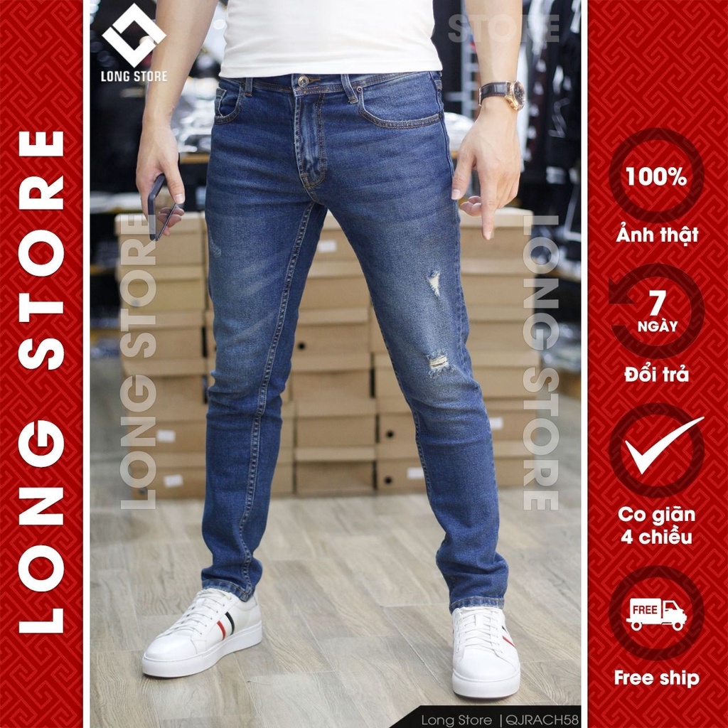 Quần jean nam rách màu xanh cao cấp chất bò co giãn ống đứng dáng ôm skinny đẹp LONGSTORE Rach58