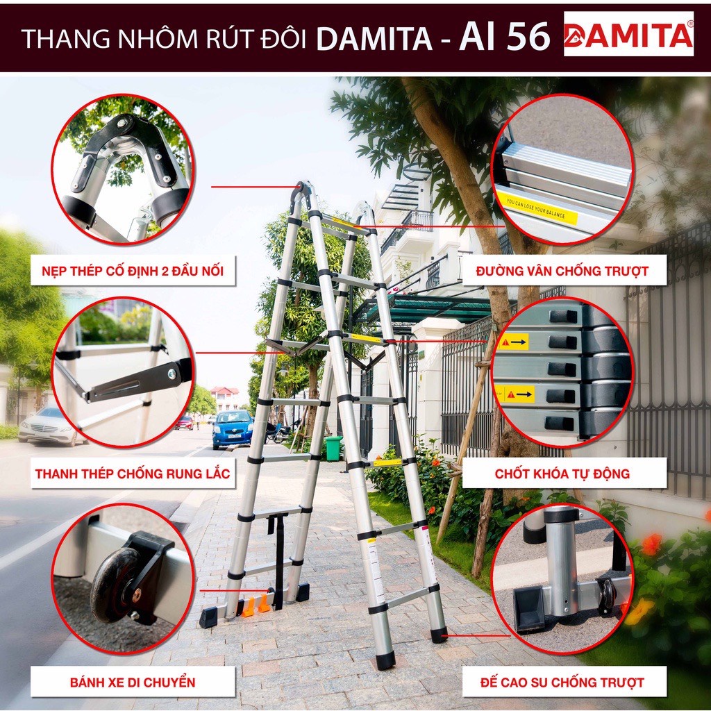 Thang Nhôm Rút Đôi chữ A INOX 316 A 5met6 2.8+2.8 cao cấp có bánh xe đai khóa chốt lưng mẫu mới 2022 độc quyền DAMITA