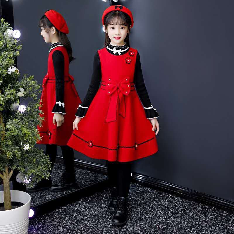 girls Dress 2021 phong cách mới váy công chúa phương tây hương thơm nhỏ quần áo trẻ em len hai mảnh mùa đông cho b