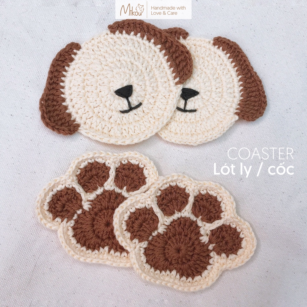 Lót ly cotton hình cún con dễ thương handmade, thấm hút nước tốt, mikou shop