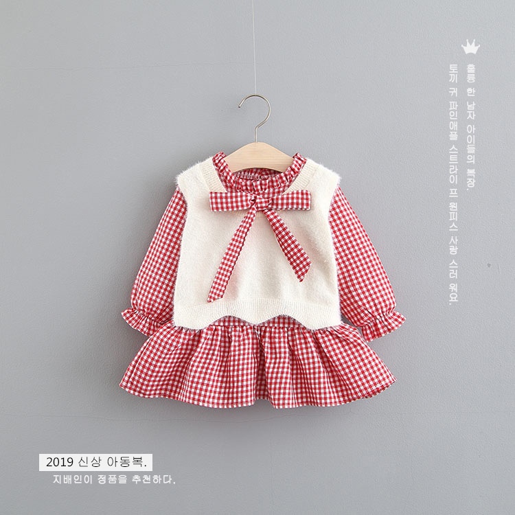 Set Đầm Sweater Sát Nách Kẻ Sọc Caro Phong Cách Hàn Quốc Thời Trang Xuân Thu 2159 Cho Bé Gái