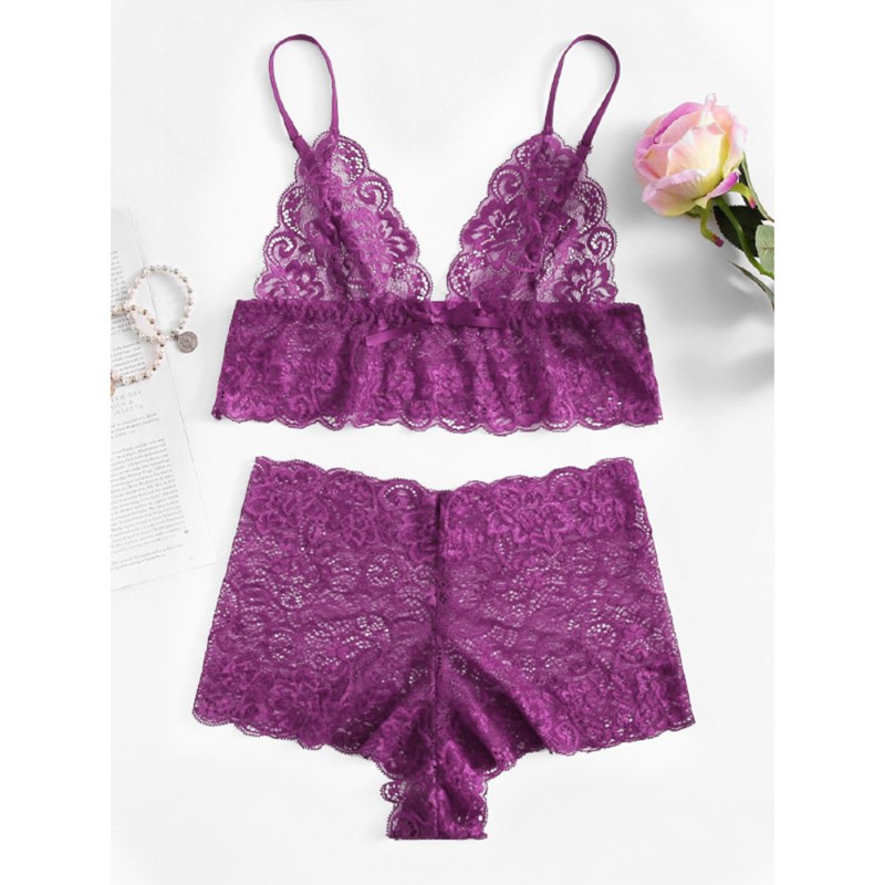 [Baywellfashion]Bộ quần áo lót màu trơn trang trí ren xinh xắn cho nữ | BigBuy360 - bigbuy360.vn