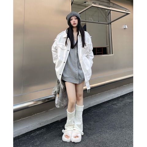 Jiashucheng Áo Khoác Denim Dáng Rộng Màu Trắng Dễ Phối Đồ Thời Trang Cho Cặp Đôi