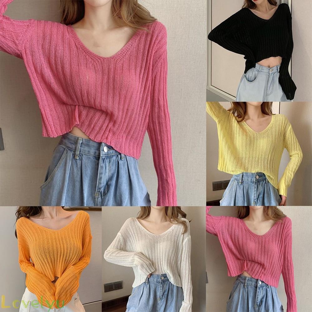 Áo dệt kim tay dài cổ chữ V trễ vai màu trơn 100% hàng mới chất lượng cao