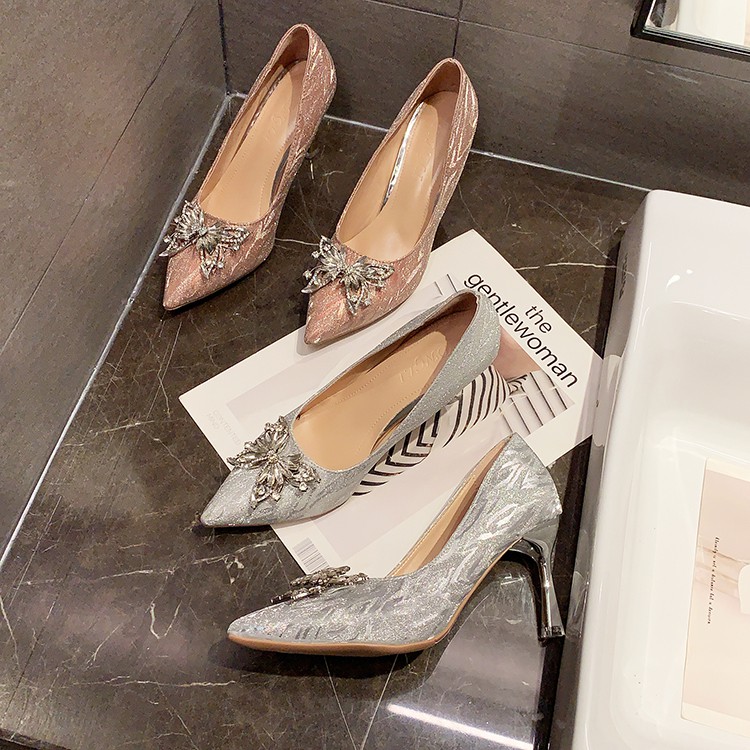 🌸Hàng Oder🌸 Giày Cao Gót  Đính Bướm Đá Lấp Lánh Công Chúa 8 Phân 🌸Sang Chảnh Dễ Thương