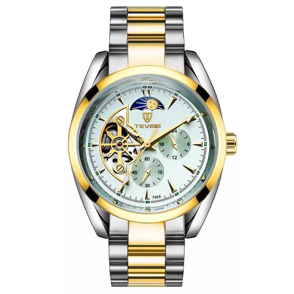 Đồng hồ automatic nam TEVISE 795A Mặt Trắng Viền Vàng