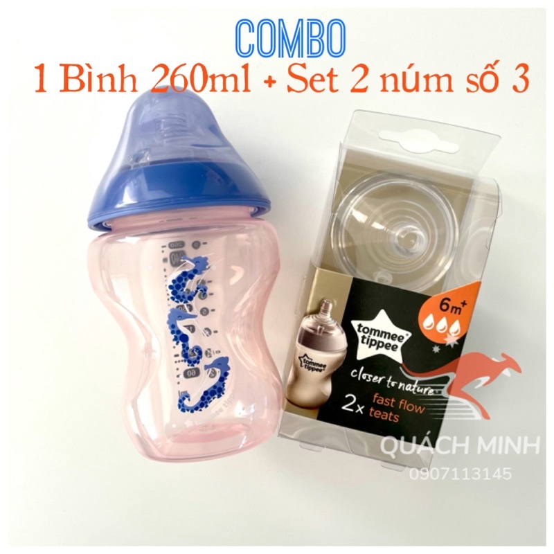Combo Bình 260ml và Núm ti 6m TOMMEE TIPPEE - Hàng Úc