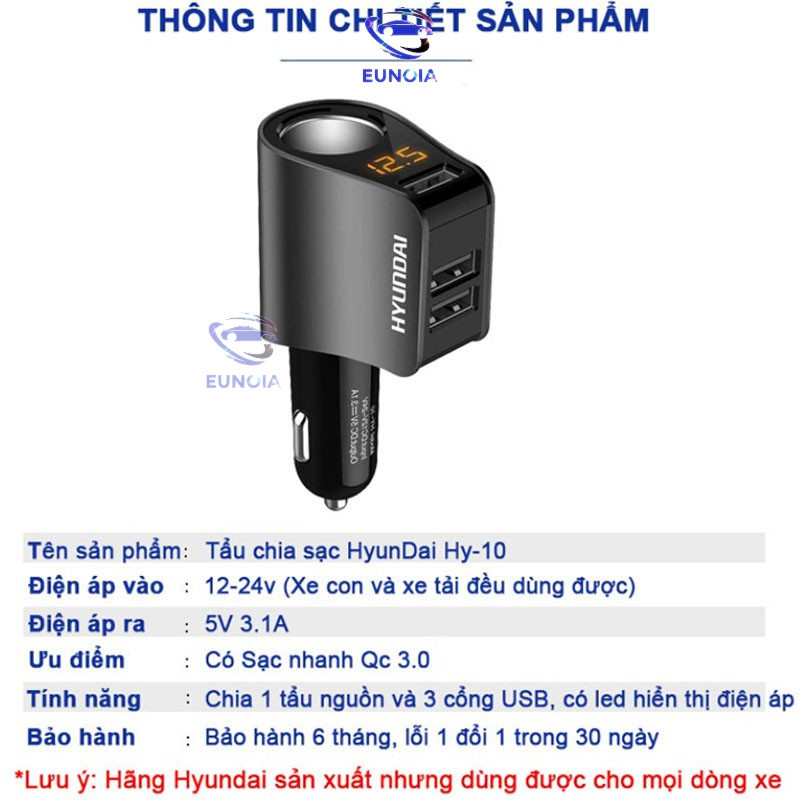 Tẩu Sạc nhanh ô tô QC 3.0 - Tẩu chia sạc chính hãng Hyundai HY-10 dùng được cho mọi loại xe