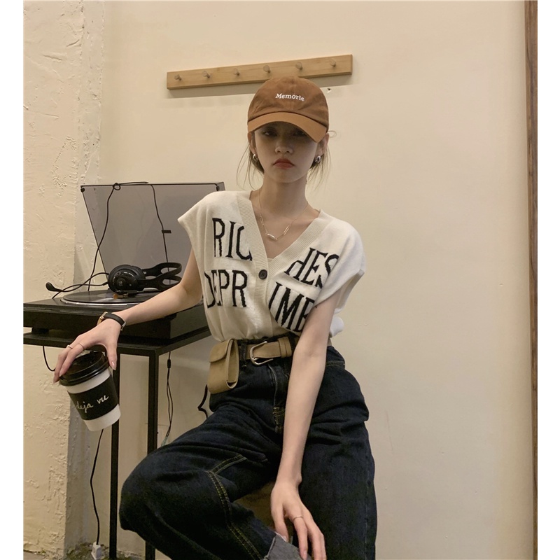 Xiaozhainv Áo Dệt Kim Sát Nách Cổ Chữ V Dáng Rộng Cài Khuy In Chữ Kiểu Vintage Thời Trang