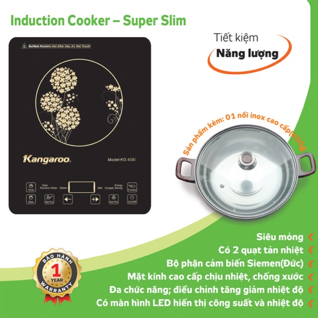 Bếp Điện Từ Siêu Mỏng Kangaroo KG408I + Kèm Nồi Inox Cao Cấp BH Toàn Quốc