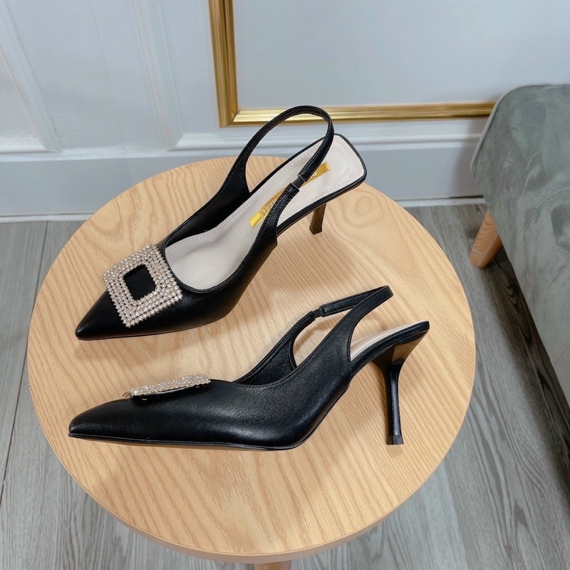 Giày cao gót mũi nhọn gắn đá, giày gót nhọn hở gót 8p