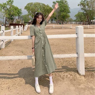 {order bigsize,M-4xl}Váy thô kẻ eo chun tiểu thư