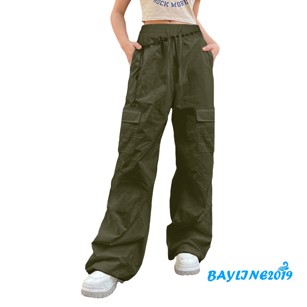 Quần Baggy Dài Ống Rộng Lưng Thun Rút Dây Màu Trơn Thời Trang Cho Nữ