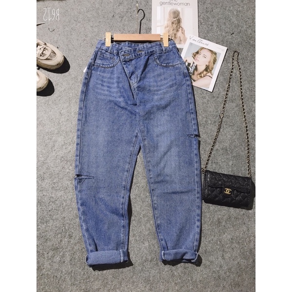 [BÁN SỈ] Quần JEANS BAGGY Bò Nữ Cạp Lệch Rách Gối Hông