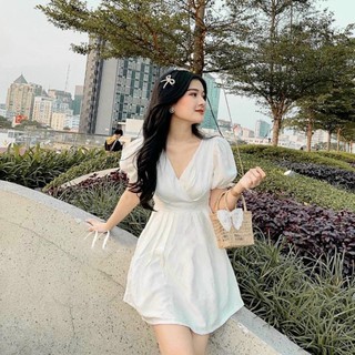 Đầm váy freesize trắng cổ v nơ sau