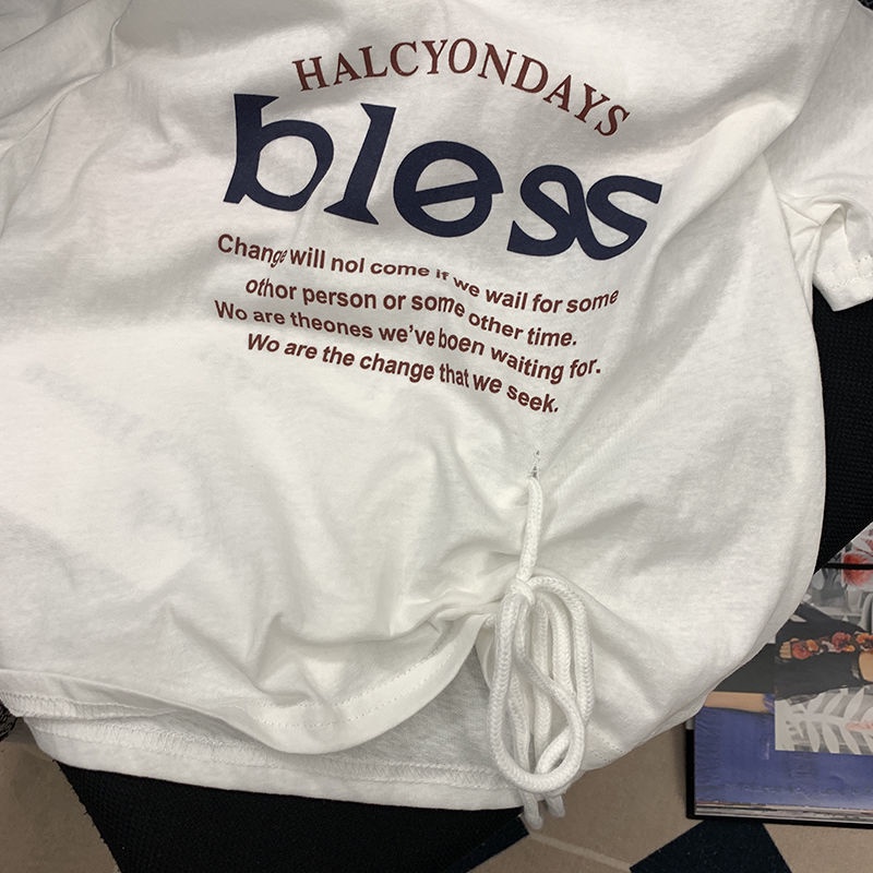 Áo Thun Tay Ngắn Dáng Rộng Phối Dây Rút In Chữ Thời Trang Mùa Hè Cho Nữ