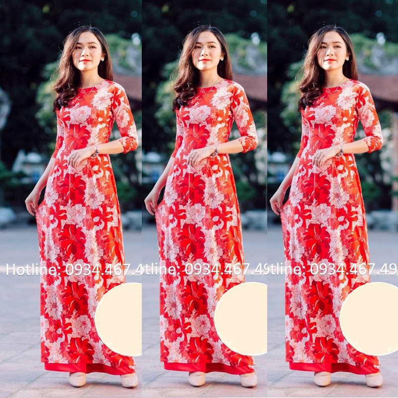 Áo dài nữ may sẵn thiết kế đẹp cách tân tết nền hoa đỏ H3 Thúy Kiều mềm mại, co giãn, áo dài giá rẻ