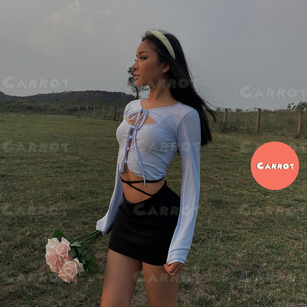 Croptop tay dài xanh chân váy đen basic ôm eo cột dây tôn dáng chất thun trendy thời trang nữ carrotxinhdep
