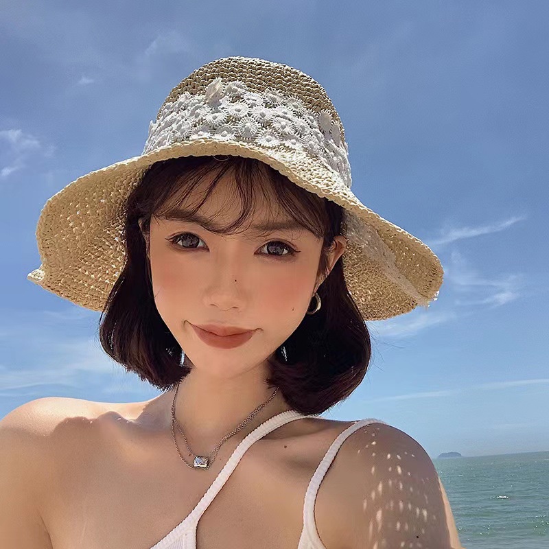 Mũ Cói Rộng Vành Đính Hoa Ngọc Trai Phong Cách Nhật Bản Cho Nữ