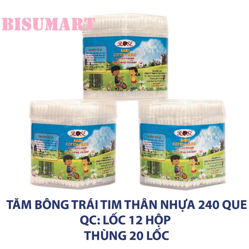 Tăm bông, Bông ráy tai lõi nhựa cho bé ROSE (Hộp trái tim 240 que)