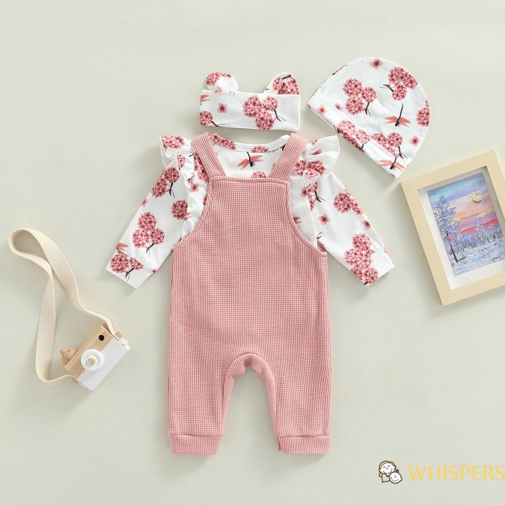 Bộ Áo Liền Quần Tay Dài Cổ Tròn In Hoa + Áo Liền Quần Hai Dây Màu Cầu Vồng + Mũ Hoa + Băng Đô Xinh Xắn