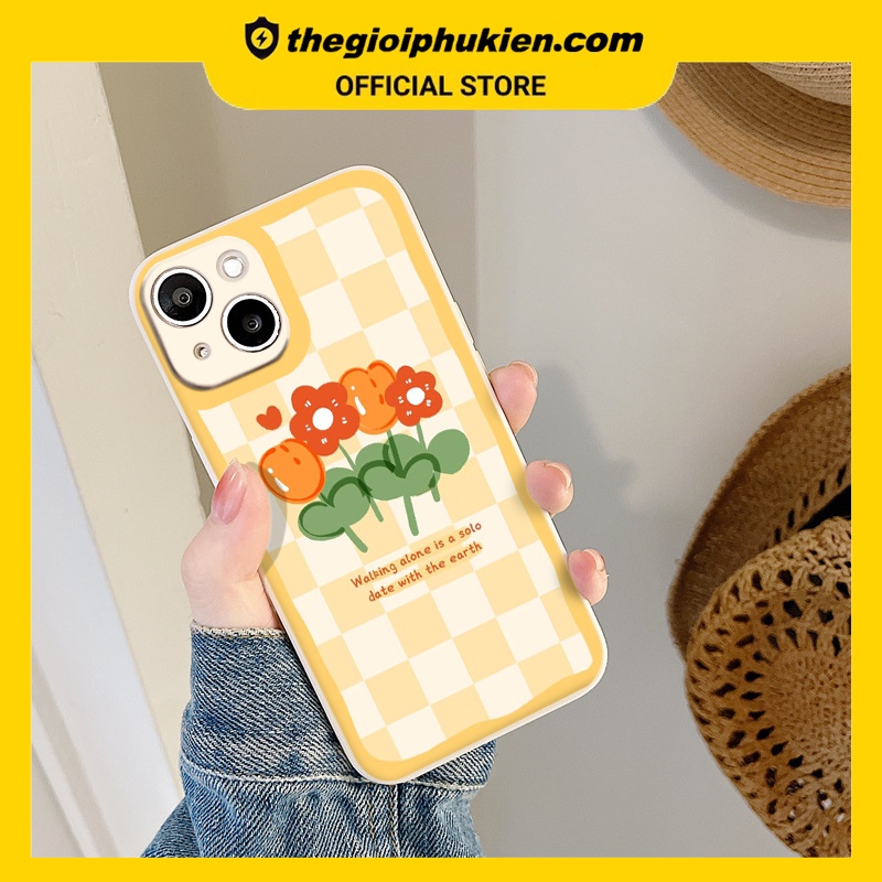 Ốp iphone - Ốp lưng iphone cạnh vuông caro vàng hình hoa dành cho ip 6 đến 14promax - ng208