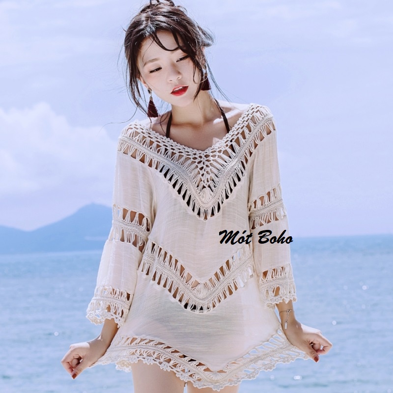 Áo trùm móc len tay dài cánh rỗng
