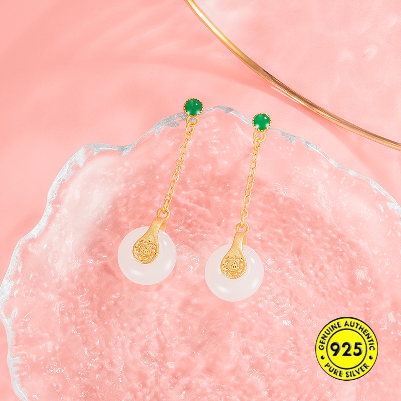 Bông Tai Đính Ngọc Bích Trắng Phong Cách Trung Quốc Cổ Điển Cho Nữ