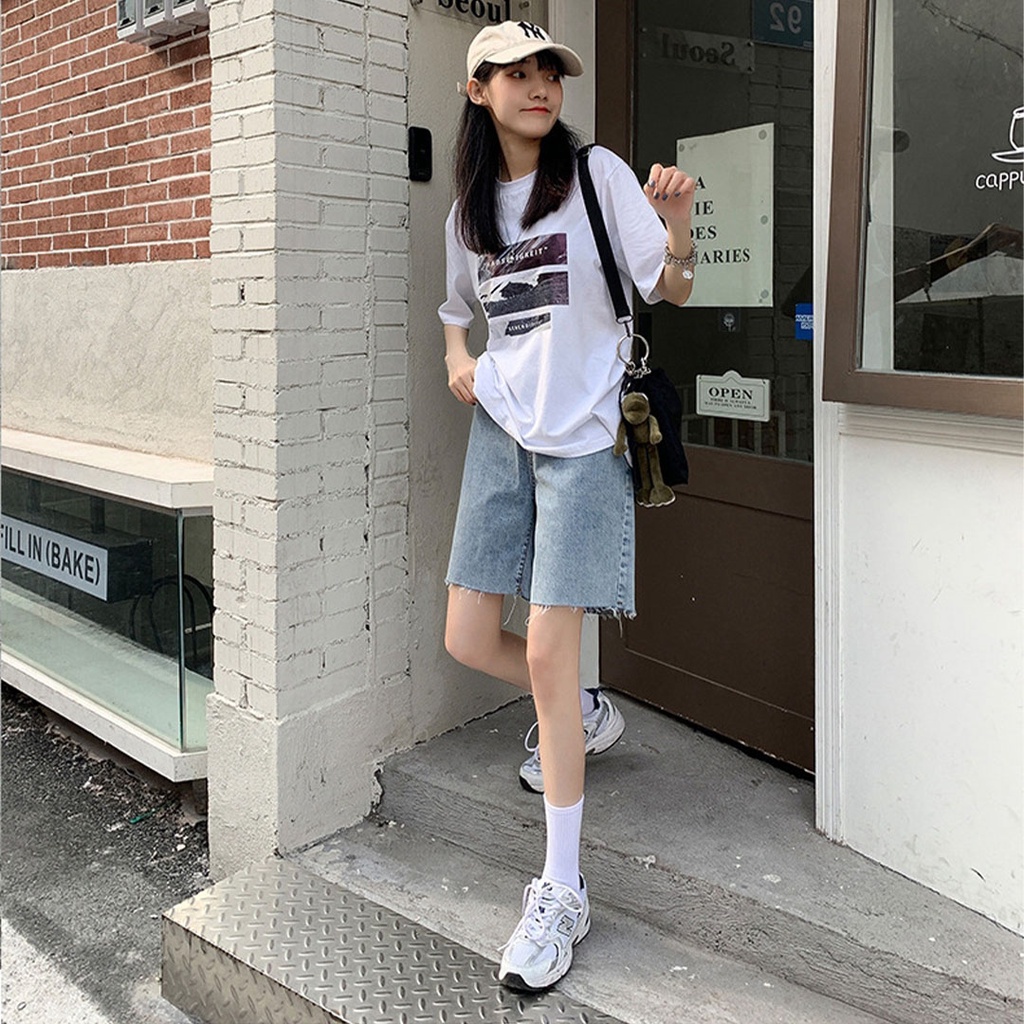 Quần short jean nữ ống rộng màu xanh nhạt rách 01 Pon.mens