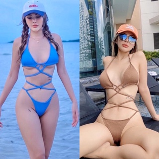 Set bikini nâu/xanh blue đan dây eo vải gân