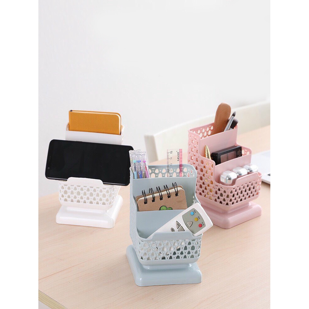 Khay Nhựa 3 Ngăn Đựng Đồ Trang Điểm, Hộp cắm bút, Giá Đỡ Điện Thoại Để Bàn Tiện Lợi