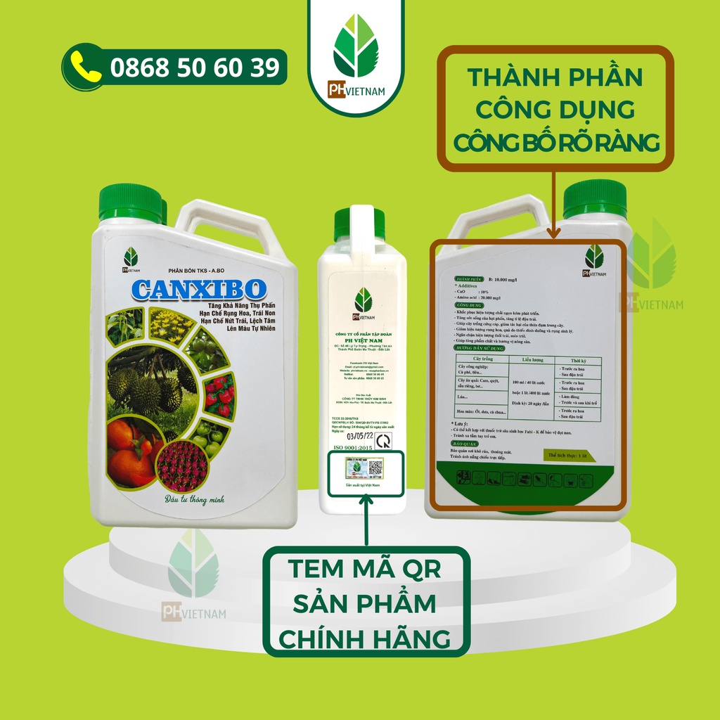 Phân bón lá Canxibo 1 lít – Dưỡng hoa, Dưỡng trái, làm dai cuống, chống rụng hoa rụng trái, thối trái, cứng cây xanh lá