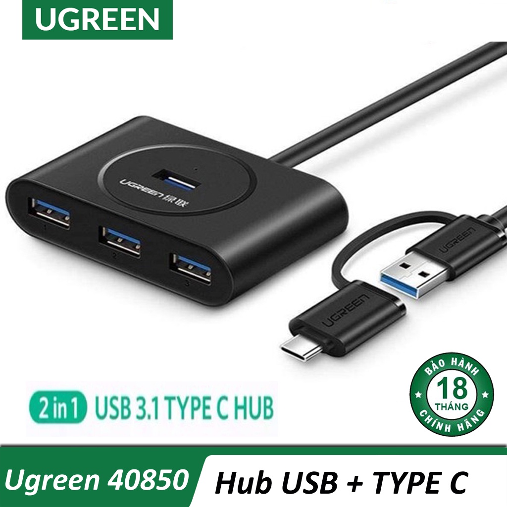 Bộ chia USB 3.0 4 cổng + USB Type C Ugreen 40850 chính hãng
