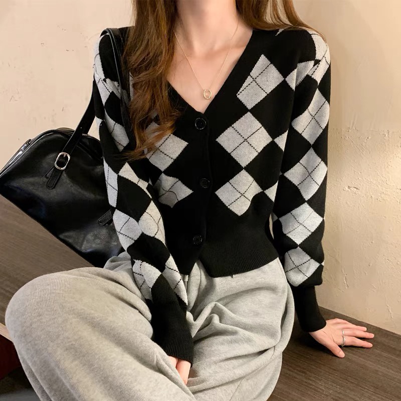 Áo khoác cardigan len nữ cổ V kẻ caro hàng Quảng Châu cao cấp